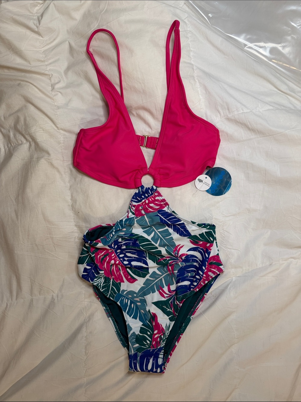 Decree Hot Pink & Tropical Leaf Monikini Swimsuit